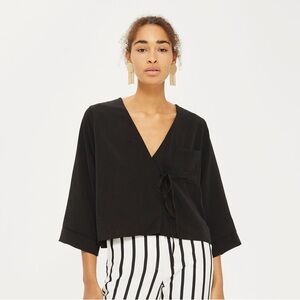 Topshop Black Tie Faux Wrap Blouse Size 4